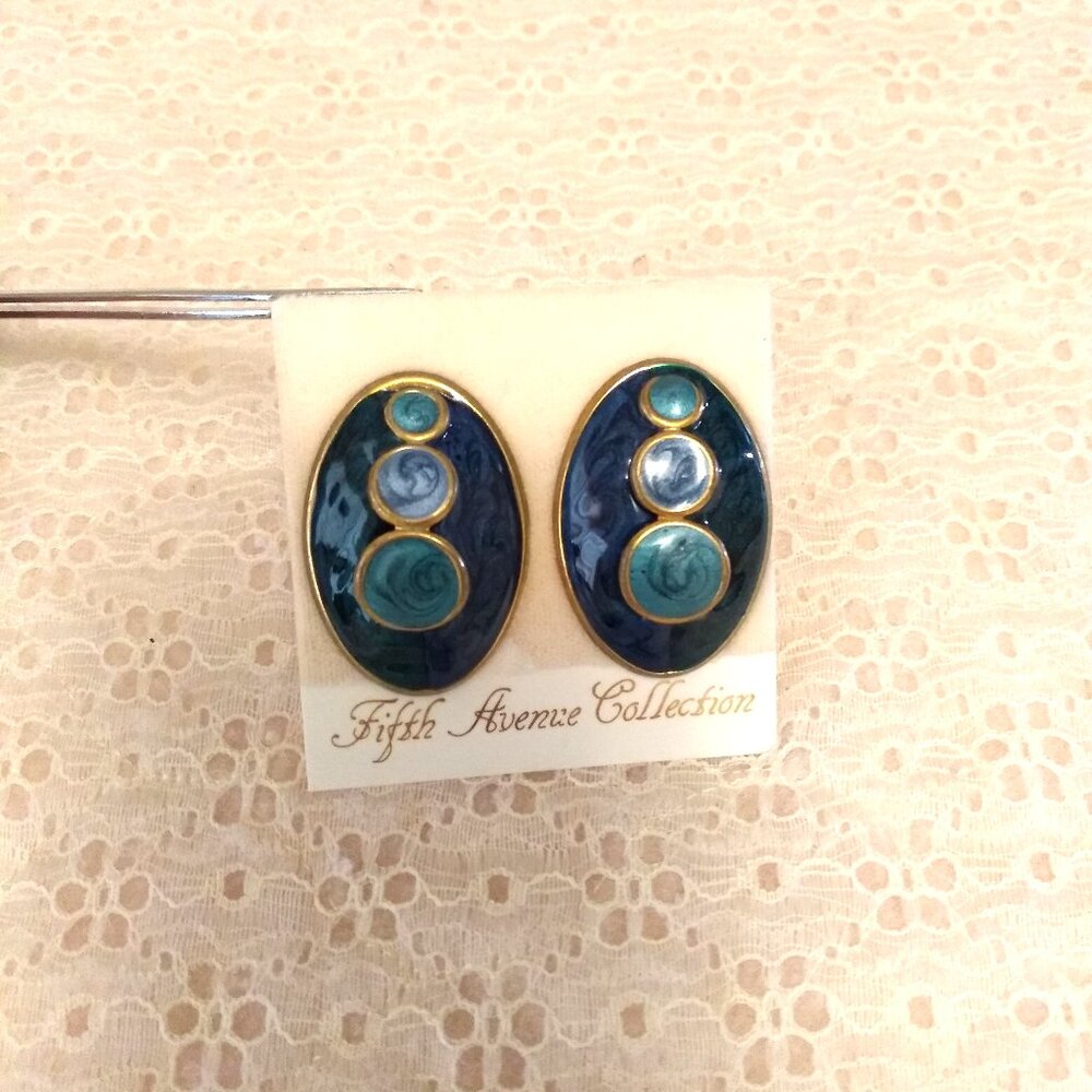 Vintage Teal Blue Enamel Gold Tone Large Oval Earrings Non-Pierced Clip Earrings